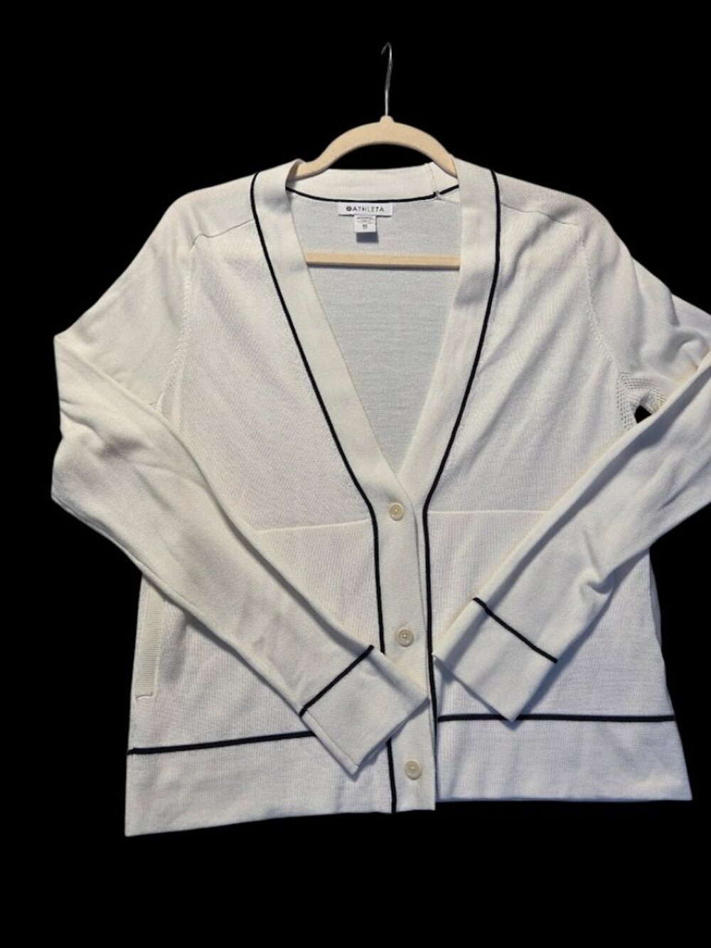 Athleta White Navy Trim V-Neck Button Cardigan Sweater Lyocell Wool Lightweight